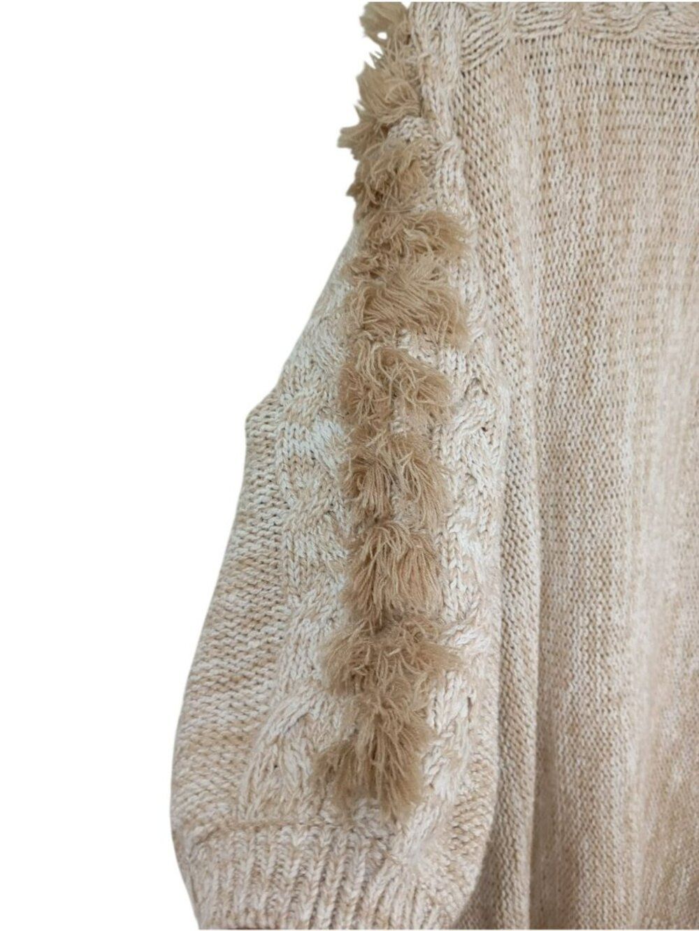 Anthropologie Chunky Knit Fringe Sleeve Open Front Cardigan One Size Beige/Tan - Picture 10 of 12
